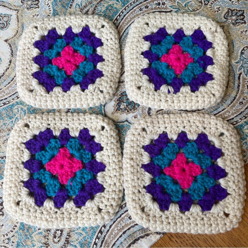 Handcrafted, Vintage Granny Square, trivets hand crocheted 4 ea.